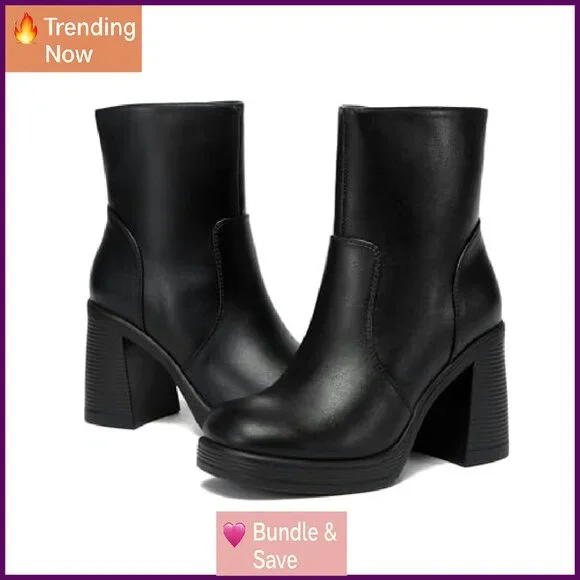 Platform Ankle Boots with Zipper, Square Toe, Chunky Block Heel